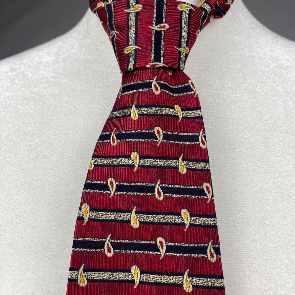Mark Pendleton Mens Silk Tie Red Navy Striped Paisley Made in Italy Hand Made
